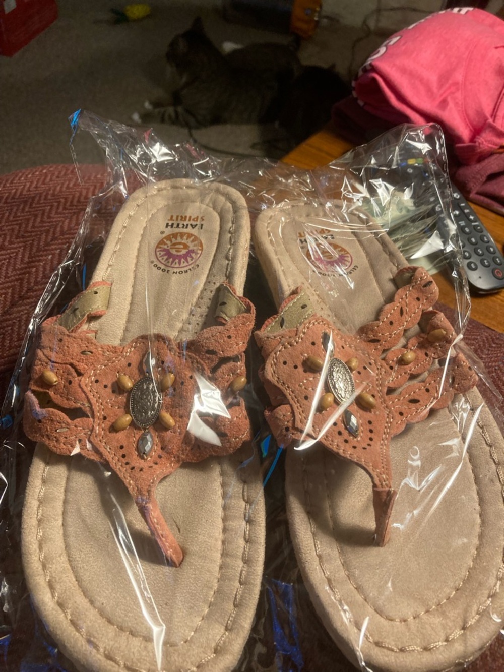 Earth Spirit Tan Floral Cutout Thong Sandals with Bead Accents